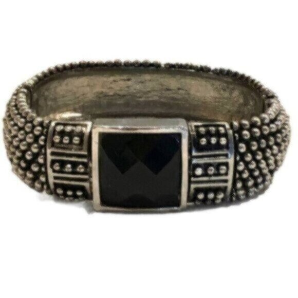 Silver Tone Black Stone Beaded Hinged Dressy Business Casual Bangle - Picture 1 of 6